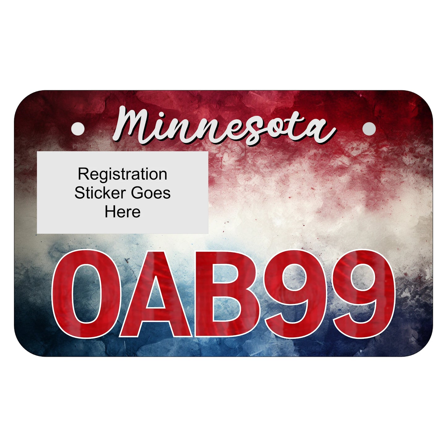 A patriotic-themed Minnesota ATV license plate with a red, white, and blue design.